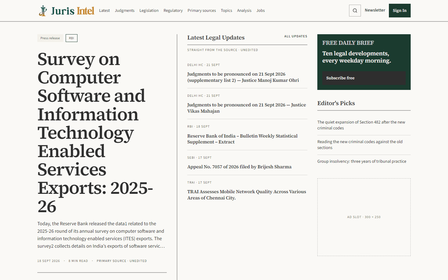 JurisQube home screen showing latest legal updates and editor’s picks